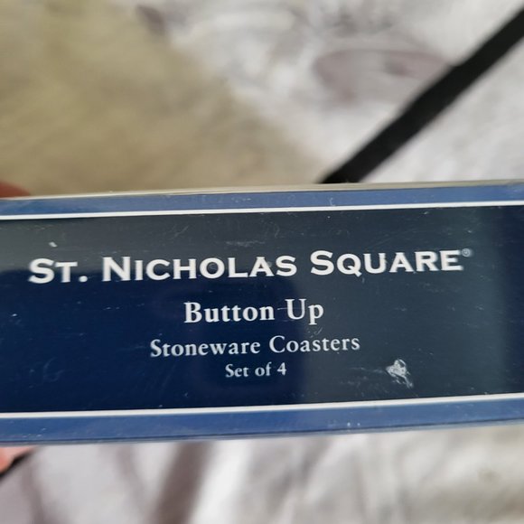 St. Nicholas Square BUTTON UP 4.25" Drink Coaster 4P Set  Snowman Blue White NEW - Picture 4 of 4